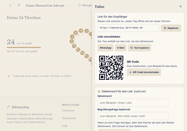 Sharing in AdventJoy: the recipient link to copy with buttons for WhatsApp and email, a QR code, next to it the field for a secret word and the printable card.