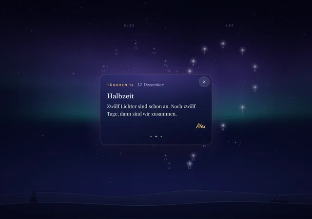 AdventJoy preview: night sky with the constellation of 24 stars, twelve of them lit, and the open card of door 12 with the text Halfway.