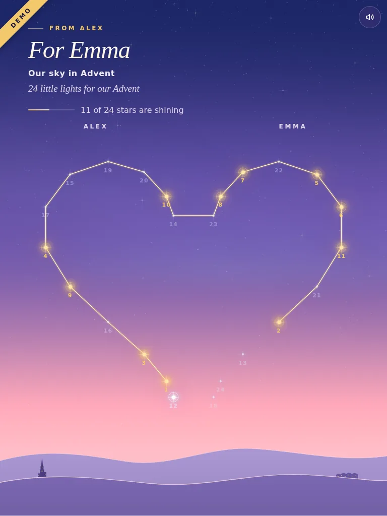 The real recipient view: a starry sky with 24 numbered doors, twelve of them already lit.