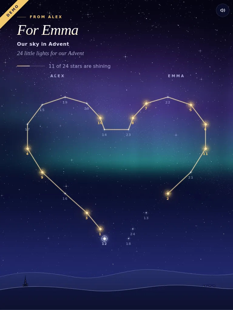 The real recipient view: a starry sky with 24 numbered doors, twelve of them already lit.