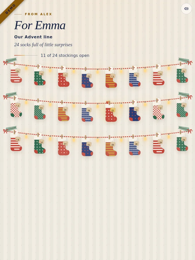 The real recipient view in the sock line design: 24 knitted socks on a line, twelve of them already opened.