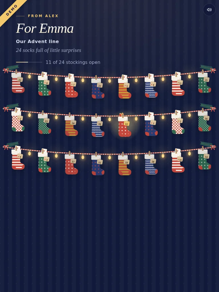 The real recipient view in the sock line design: 24 knitted socks on a line, twelve of them already opened.
