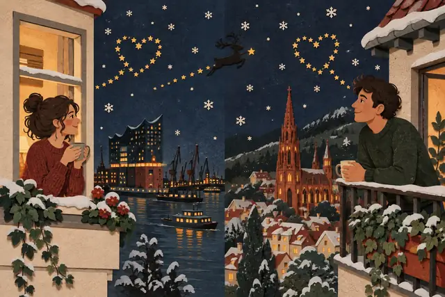 Paper collage: a couple at two windows in two cities, a heart of stars above each of them, a reindeer crossing the sky.